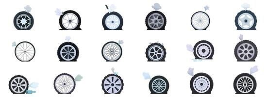 Punctured wheel icons set. Flat tire icons showing various causes of damage and deflation vector