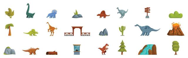 Dinosaur park icons set. Discovering dinosaurs, exploring prehistoric habitats and park attractions vector