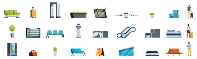 Airport waiting area icons set. Airport terminal icons showing various amenities and passengers waiting vector