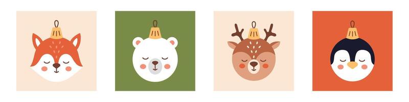 Cute animal ornament card collection with penguin, fox, reindeer and bear. illustrations for your Christmas design. Christmas ornaments collection with animals. vector