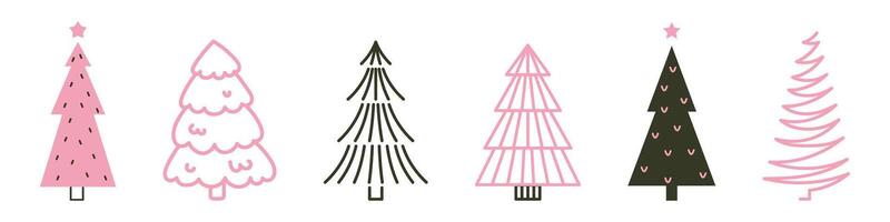 abstract Christmas tree collection. Modern flat design with pink and black doodle elements. Trendy seasonal symbols for New Year celebrations. Isolated illustrations of spruce and fir trees. vector