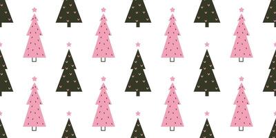Christmas tree seamless pattern. A whimsical hand-drawn design featuring cute doodle pines and firs with stars, perfect for holiday wrapping paper or textiles. vector