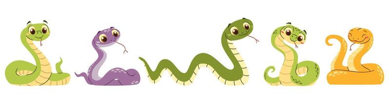 Set of flat illustrations in a simple children's style. Cute snakes in different colors and in different poses on a white background vector