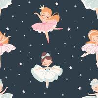Seamless pattern in children's style. Cute ballerina and stars on dark background vector