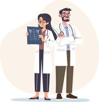 Flat illustration in a simple style. Kind doctors standing and smiling, man and woman, a group of medics vector