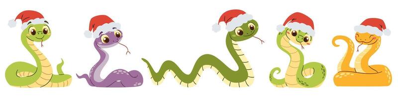 Cute snakes in different colors and in different poses wearing Santa Claus hats. Symbols of the year 2025. Set of flat illustrations in simple children's style vector