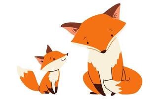 A set of flat illustrations in a simple children's style. Nice fox and her baby fox. Forest animals and their children vector