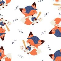 Seamless pattern in a cute childish style. Cute fox playing baseball with bat and ball vector