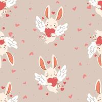 Seamless pattern for valentine's day. Cute cupid rabbit with wings holding a heart vector