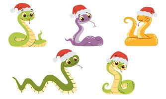 Cute snakes in different colors and in different poses wearing Santa Claus hats. Symbols of the year 2025. Set of flat illustrations in simple children's style vector