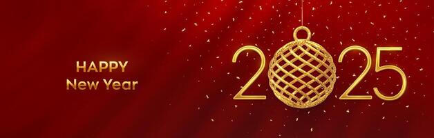 Happy New Year 2025. Hanging Golden metallic numbers 2025 with shining 3D gold ball bauble and confetti on red background. New Year greeting card, banner, header template. vector