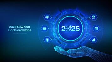 2025 New year Goals and plans icon in wireframe hand. Business plan and strategies. Goal acheiveement and success in 2025. Resolutions, plan, action, checklist concept. vector
