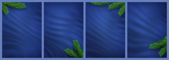 Christmas backgrounds set. Holiday pine and fir branches on blue background. Festive Xmas and New Year background. Fir branch. Pine branch. Christmas card. vector
