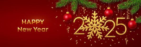 Happy New Year 2025. Hanging Golden metallic numbers 2025 with snowflake, balls, pine branches and confetti on red background. New Year greeting card or banner template. Holiday decoration. vector