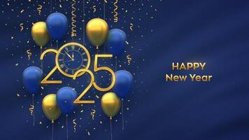 Happy New Year 2025. Hanging Golden metallic numbers 2025, watch with Roman numeral and countdown midnight with 3D festive helium balloons and falling confetti on blue background. vector