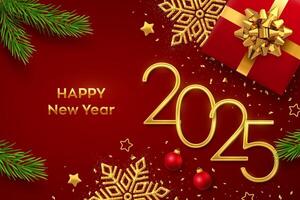 Happy New Year 2025. Golden metallic numbers 2025 with gift box, shining snowflake, pine branches, stars, balls and confetti on red background. New Year greeting card or banner template. vector