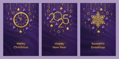 Christmas card set. Happy New Year 2025. Gold numbers 2025, snowflake, watch with Roman numeral and countdown midnight, eve for New Year. Hanging stars, balls on purple background. vector