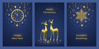 Christmas card set. Watch with Roman numeral and countdown midnight, eve for New Year. Reindeers, gold shining snowflake, ball. Hanging stars, balls on blue background. vector