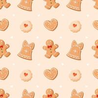 A seamless gingerbread cookie pattern featuring festive shapes like snowflakes, Christmas bells, and gingerbread men, adorned with delicate icing. vector