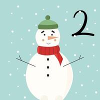 Christmas advent calendar with snowman and snowfall. 2nd of december day. flat illustration vector