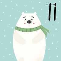 Christmas advent calendar with cute polar bear character and snowfall. 11th of december day. flat illustration vector