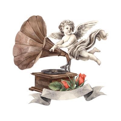 Cherub angel flying next to vintage gramophone, ribbon for text with red roses and leaves. Watercolor illustration in festive style, suitable for wedding, Valentine's Day, anniversary, cards, posters.