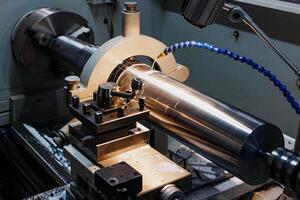 Precision in Motion A Metalworkers Lathe Shapes Metal into Perfect Cylinders, Capturing the Art of Craftsmanship in Every Turn. photo
