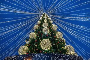 Glowing Whispers of the Holiday A Vibrant Christmas Tree Adorned with Twinkling Lights, Capturing the Essence of Joyful Celebrations. photo