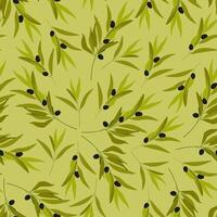 Seamless pattern of olive branches on a green background vector