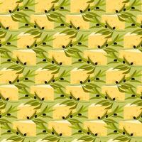 Seamless cheese pattern with olive leaves and olives vector