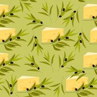Seamless cheese pattern with olive branches on green background vector