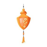 Yellow Chinese festive lantern with tinsel flat color object. Oriental hanging lamp with flowers decor illustration on white background vector