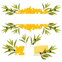 Set of compositions from cheese and olive branches vector