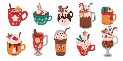 Hot drinks for winter holiday season flat color objects set. Warming Christmas beverages illustrations bundle on white background vector