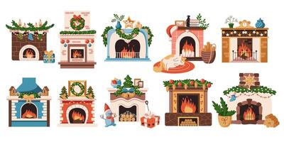 Burning Christmas fireplaces flat color objects set. Cozy winter holiday atmosphere at home illustrations bundle on white background vector