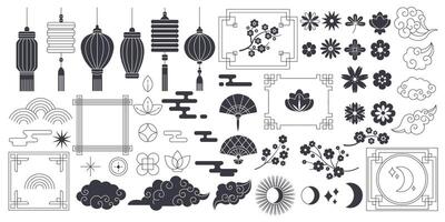 Chinese culture symbols and frames linear glyph icons collection. Traditional Asian decorative ornaments objects set on white background vector