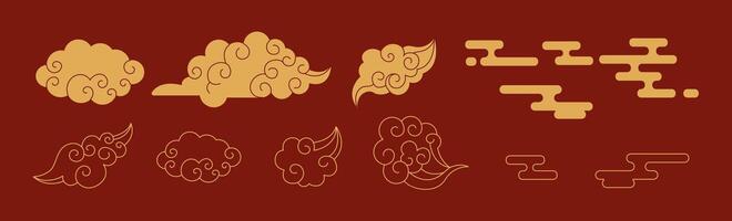 Ornaments in Chinese style linear glyph icons collection on red background. Decorative clouds and winding signs patterns objects set vector