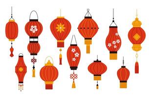 Asian paper lanterns flat color objects set. Festive Chinese holiday decor with ornaments illustrations bundle on white background vector