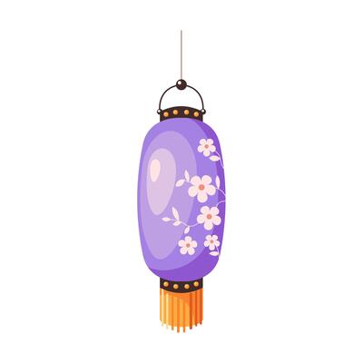 Festive paper lantern with Asian ornament flat color object. Purple holiday oriental lamp with flowers pattern illustration on white