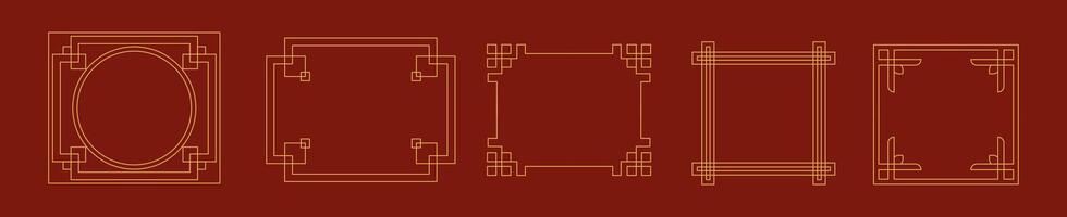 Frames in traditional Chinese style linear icons collection. Intricate decorative borders with Asian patterns objects set on red background vector