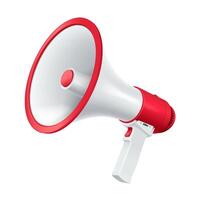 Modern bullhorn device upward realistic illustration. Megaphone loud audio messages to audience 3d model on white background vector