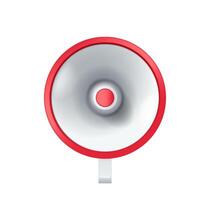 Megaphone with red decorative elements realistic illustration. Loudspeaker attracting attention of audience 3d model on white background vector