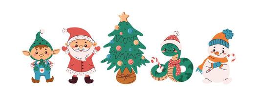 Funny Christmas symbols flat color objects set. Festive winter holidays characters illustrations bundle on white background vector