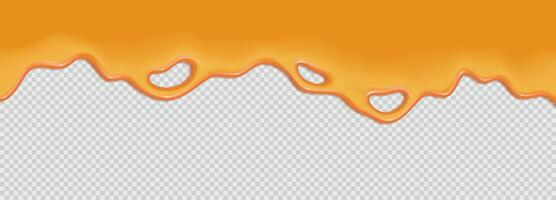 Flowing sweet caramel, honey, maple syrup or sauce. Liquid wave of paint or oil on background. 3d realistic illustration. Top horizontal border of the frame vector