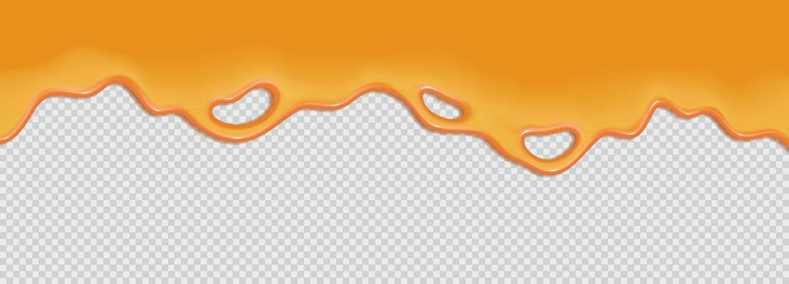 Flowing sweet caramel, honey, maple syrup or sauce. Liquid wave of paint or oil on background. 3d realistic illustration. Top horizontal border of the frame