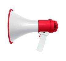Electric loudspeaker with red decor realistic illustration. Megaphone for public announcements side view 3d model on white background vector