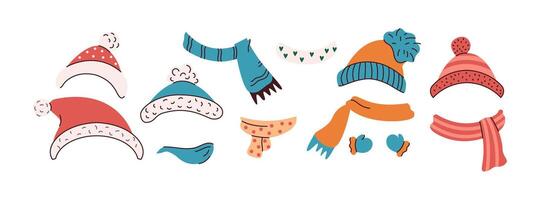 Warm winter hats and scarfs flat color objects set. Clothes accessories for cold winter season illustrations bundle on white background vector