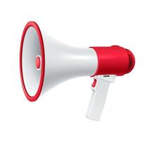 Loudspeaker gadget with red ornament realistic illustration. Powerful megaphone for communication side view 3d model on white background vector