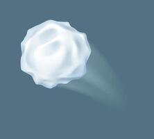 Thrown fast snowball playing in winter realistic illustration. Active game with snow on wintertime 3d object on grey background vector