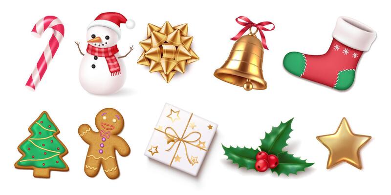 Traditional Christmas decoration realistic color icons set. Snacks and accessories of New Year holiday 3d objects on white background